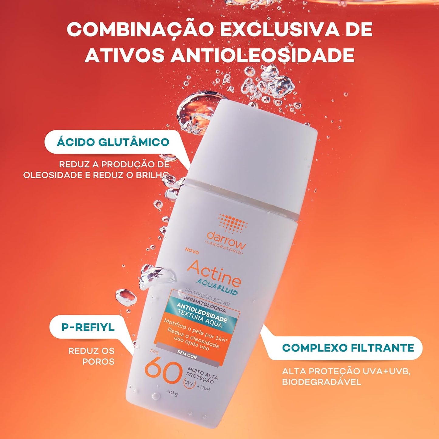 Protetor Solar Aquafluid FPS 60 com Cor 40g (Matifica, Antiacne)